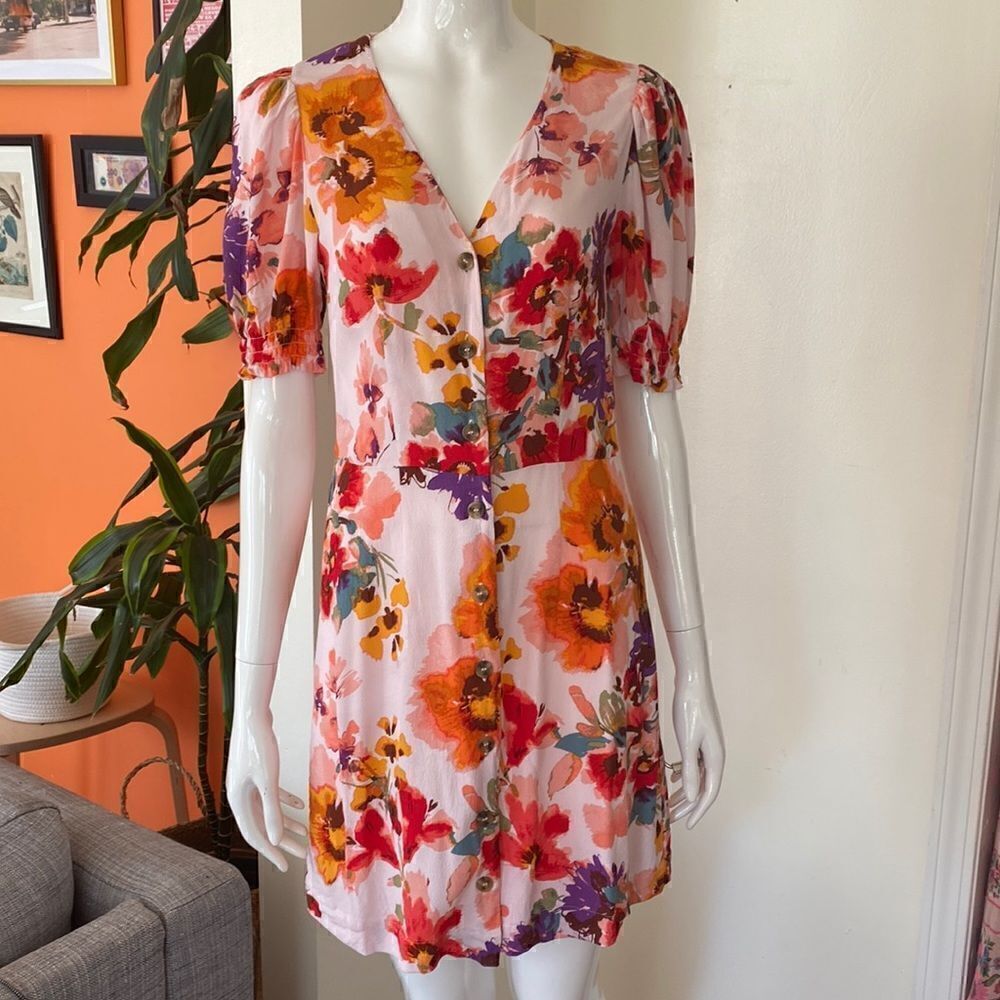 H&M Light Pink Floral Puff Sleeve Fit & Flare Mini Dress Size Small - Picture 3 of 13
